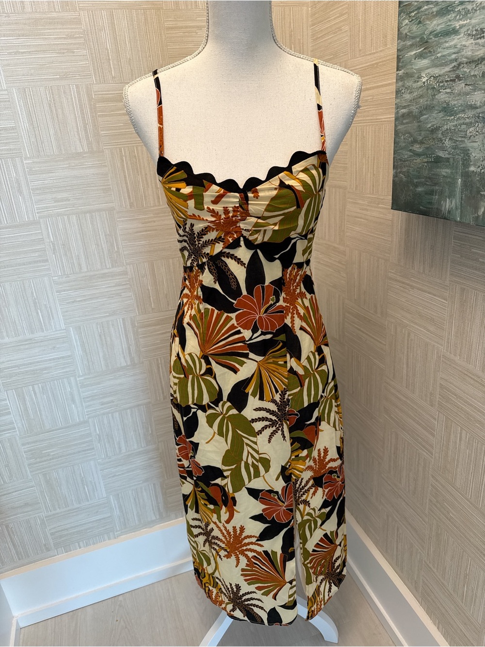 ROW-A Tropical Scalloped Midi Dress Cotton Jungle Print Slit S NWOT